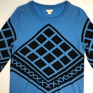J.CREW 100% WOOL BLUE & BLACK Medium Knit Crew Neck Sweater